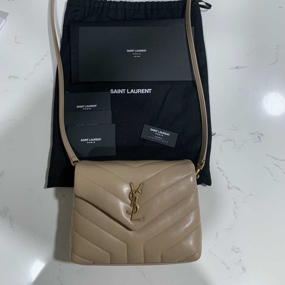 YSL LOULOU TOY BAG IN MATELASSÉ "Y" LEATHER in color dark beige w/ gold hardware